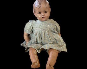 Vintage 1930s Ideal Baby Beautiful Composition Doll from Miracle on 34th Street (AS IS) - Sleepy Amber Eyes & Brown Sculpted Hair 19”