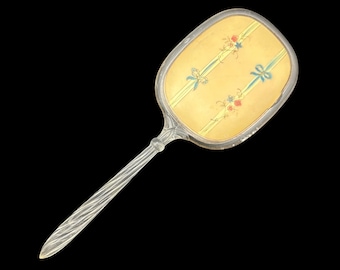 Vintage 1950s Clear Lucite Vanity Dresser Hand Mirror w/ Pink Flowers & Blue Ribbons (AS IS) | Vintage Beauty Tools | Retro Plastic Mirror
