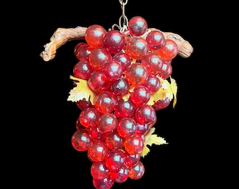 Huge Vintage Lucite Grape Cluster Red Orange Mid Century Hanging Light Swag Lamp 15” x 15” (Tested & Working)
