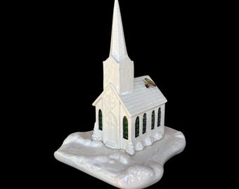 Vintage Handcrafted Light Up Musical Snowy Christmas Village Church Lamp w/ Stained Glass Style Windows 10” (No Light Included)