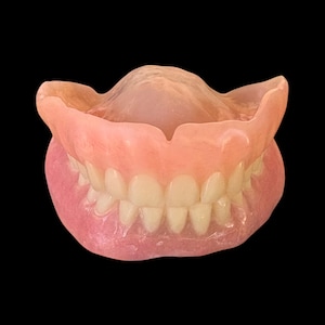 May include: A complete set of upper and lower dentures featuring off-white teeth set into a pink, gum-colored acrylic base. The dental appliance is shown from the front, displaying the full arch of teeth and the contoured shape of the gums.