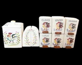 Set of 9 Vintage 1950s Rooster Ceramic Country Farmhouse Spice Jars, Canister, and Salt & Pepper Shakers (As Is - Read Description)