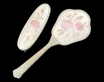 Vintage 1940s Regent of London Silver Tone Nylon Embroided Pink & Gold Tone Floral Vanity Set w/ Hair Brush and Clothes Brush