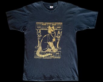 Vintage 1989 Air Waves Gold Foil Royal Egyptian Cats Single Stitch Black Cotton T-Shirt (Men’s Size Large)