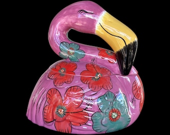RARE Vintage Clay Art Pink Flamingo Floral Large Unique Colorful Kitschy Tropical Hand Painted Ceramic Cookie Jar