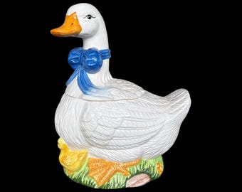 Vintage 1980s Mother Goose White Ceramic Duck Cookie Jar Canister w/ Blue Ribbon & Goslings/Ducklings 12” (As Is) Farmhouse Kitchen Decor
