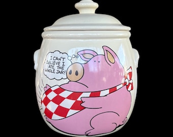 Vintage 1970s Treasure Craft “I Can’t Believe I Ate The Whole Jar!” Fat Pig in Bandana Ceramic Cookie Jar Retro Kitchen Canister (As Is)