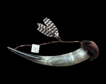 Vintage Native American Indian Chuckchansi or Mono Tribe Shaman Bull Horn Fur Lined Deerskin Feather Long Ceremonial Medicine Horn Rainstick