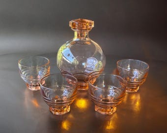 Vintage 1930s French Art Deco Pink Peach Amber Glass Liquor Decanter & 4 Small Cups Set (One Cup Slightly Mismatched)