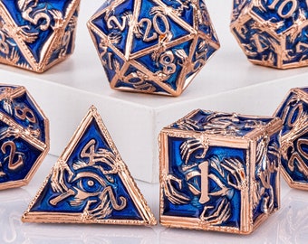 Blue Metal Polyhedral Dice Set with Eye and Hand design, Dungeons and Dragons, Metal DnD Dice for Board Games, d20 dice, d6 dice, d&d dice