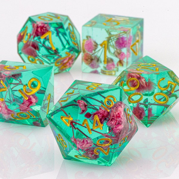 Resin DnD DICE, Handmade Resin Dice with Flowers, Sharp Edge Resin Dice, Dungeons and Dragons, Dice for Role Playing Games, Polyhedral Dice