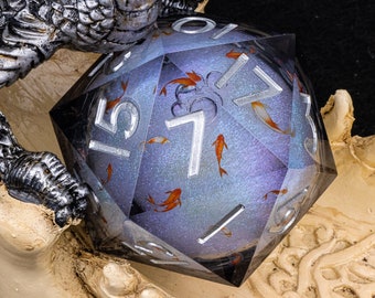 Handmade Koi Liquid Core Giant D20 DnD Dice, 55mm Giant D20 Lquid D&D Dice for Dungeons and dragons, Giant Chonk D20 Dice, Liquid Core Dice