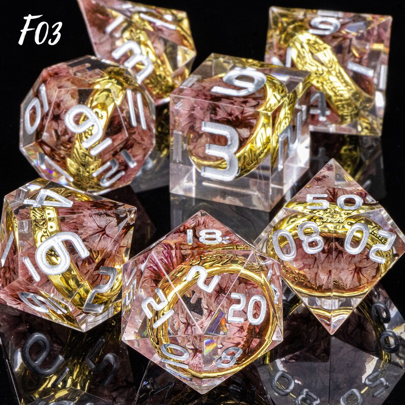 Resin DnD DICE, Handmade Resin Dice with Flowers, Sharp Edge Resin Dice, Dungeons and Dragons, Dice for Role Playing Games, Polyhedral Dice F03 (The Ring Dice)