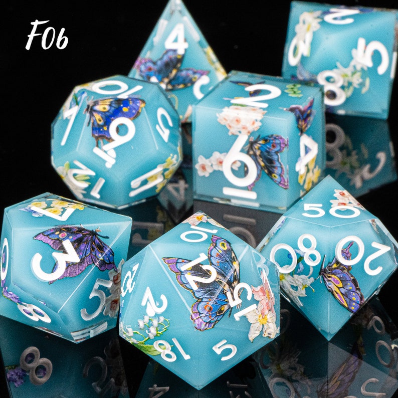 Resin DnD DICE, Handmade Resin Dice with Flowers, Sharp Edge Resin Dice, Dungeons and Dragons, Dice for Role Playing Games, Polyhedral Dice F06 (Butterfly Dice)