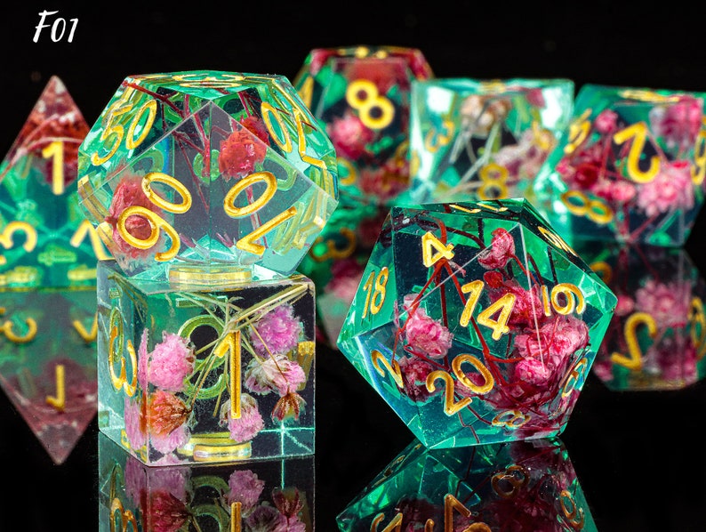 Resin DnD DICE, Handmade Resin Dice with Flowers, Sharp Edge Resin Dice, Dungeons and Dragons, Dice for Role Playing Games, Polyhedral Dice F01