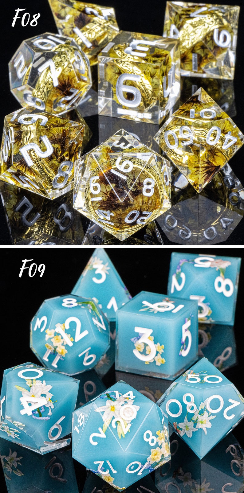 Resin DnD DICE, Handmade Resin Dice with Flowers, Sharp Edge Resin Dice, Dungeons and Dragons, Dice for Role Playing Games, Polyhedral Dice image 9