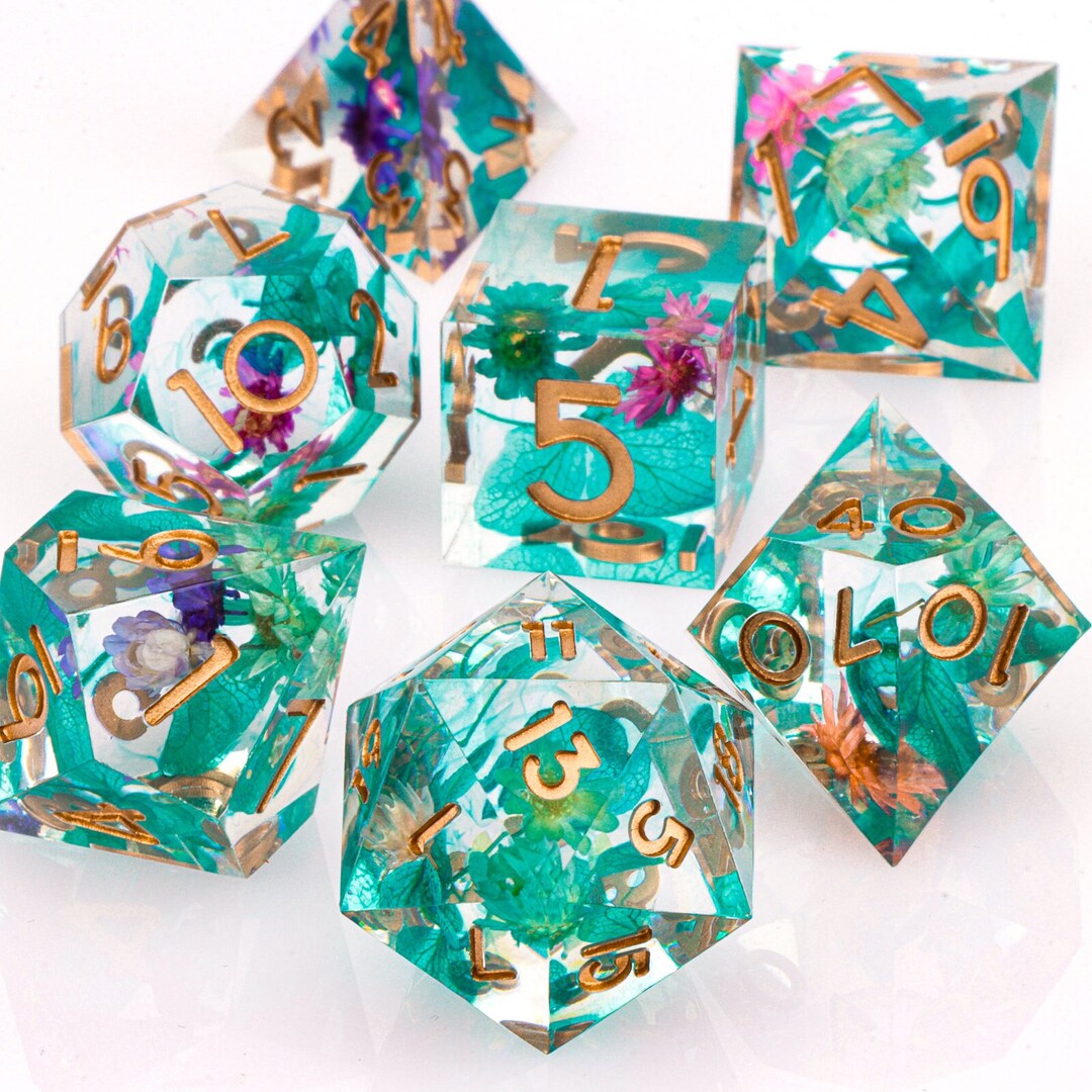 Handmade Flower Dice, Polyhedral Dice Set, Resin Sharp Edge Dice, 7 Pcs