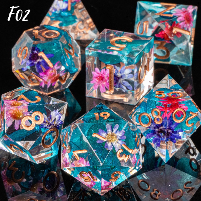 Resin DnD DICE, Handmade Resin Dice with Flowers, Sharp Edge Resin Dice, Dungeons and Dragons, Dice for Role Playing Games, Polyhedral Dice F02