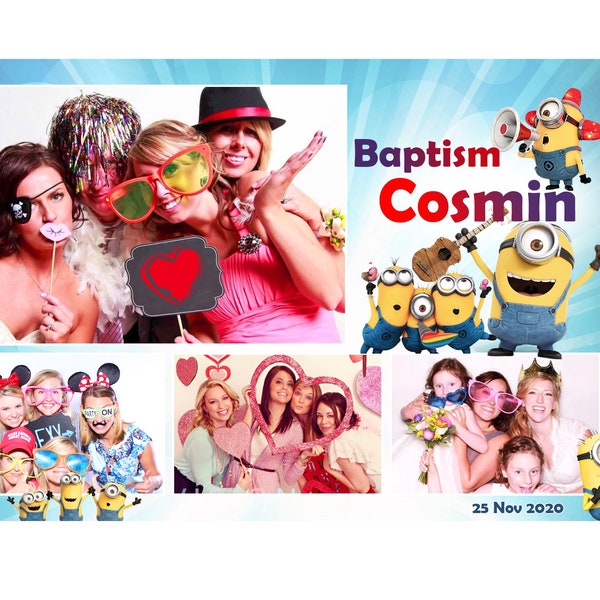 Photo Booth Template with Minions, Photo Booth Template for boy baptism, 4x6 size, 4 pictures, editable