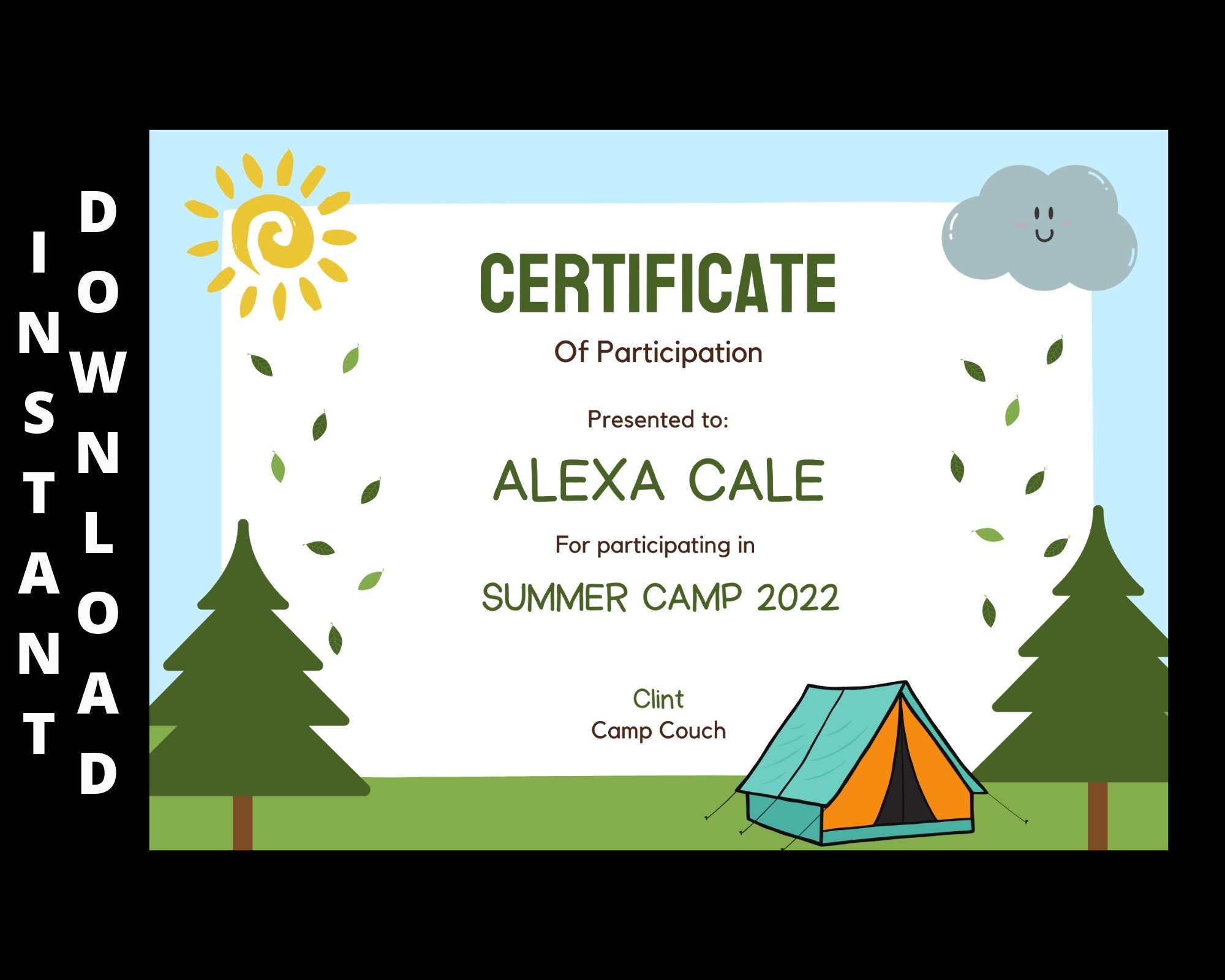 Summer Camp Tent Camping Kids Award Certificate Printable - Etsy