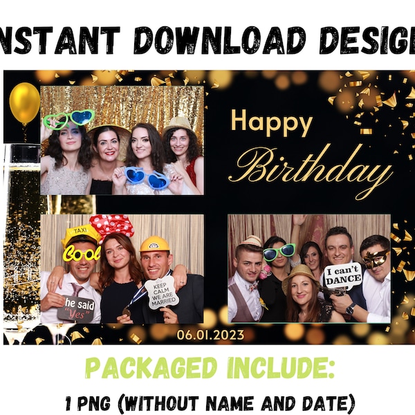 Happy Birthday Anniversary Photo Booth Template, DSLRbooth Overlay, 4x6 size, 3 pictures, editable