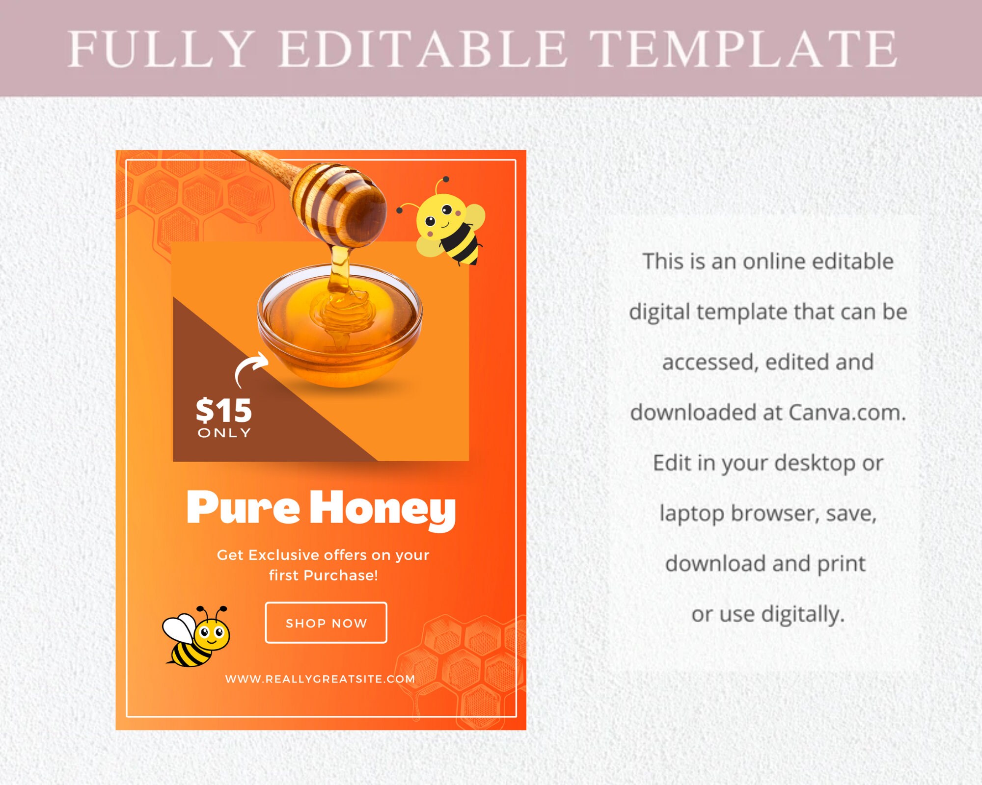 Honey Promotion Flyer Banner Design Business Template Canva A4 Etsy