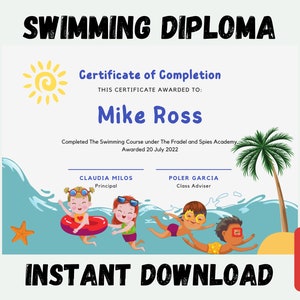 Summer Swimming Clas Competition Award Certificate Printable Kindergarten Diploma Editable School Ceremony Primary Award Teacher Classroom