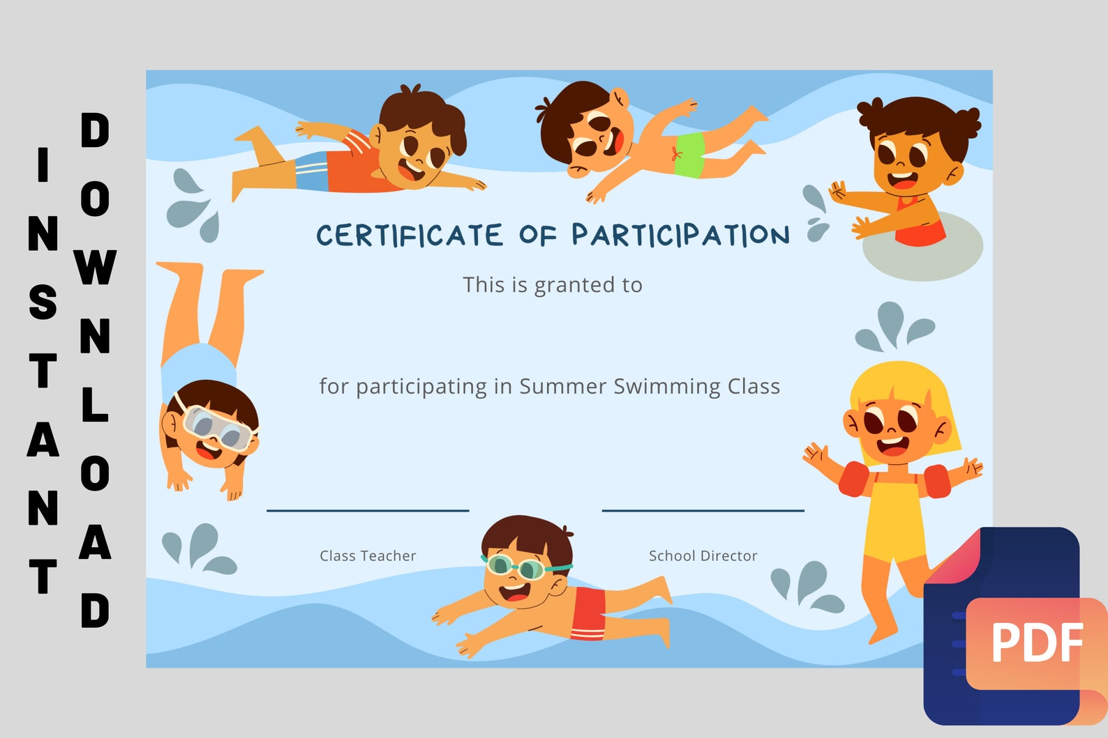 Certificado de prêmio de competição de natação de verão, diploma para ...
