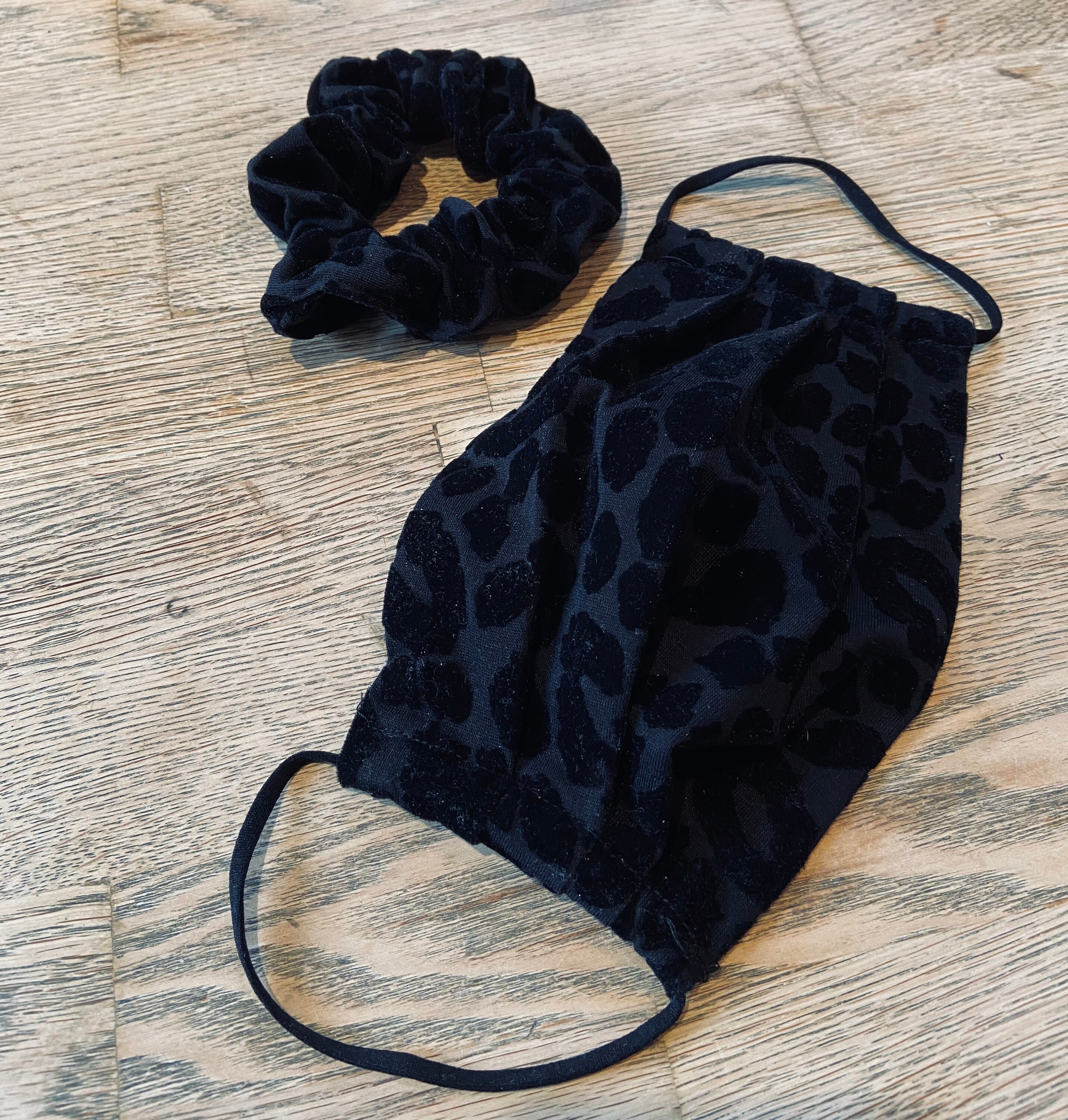 All black leopard print - luxury face covering  with matching scrunch…