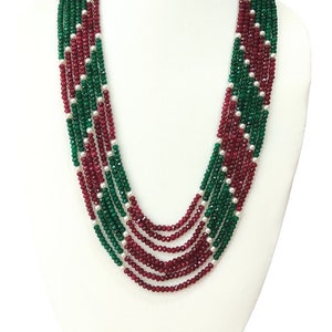 Ruby Emerald Bead Necklace, Earth Mined Faceted Enhanced 7 Strand Boho Necklace