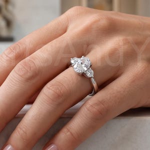 Three Stone Engagement Ring, 1.25ct Oval Cut Lab Diamond, 14k Solid White Gold Band
