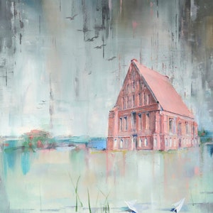 Église gothique de Zapyskis, Lituanie, impression jet d'encre de ma peinture à l'huile originale, paysage historique, carte d'art, art lituanien