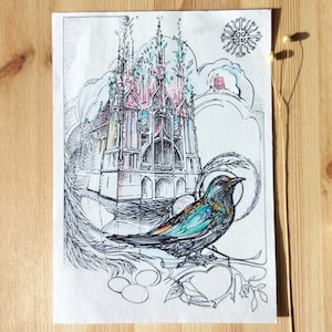 Vilnius, Chiesa di Sant'Anna con l'uccello pavone, Architettura gotica, Stampa A4 dal mio dipinto e disegno ad acquerello originale, Arte lituana