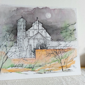Original Hand Painted Acrylic on Canvas Board, not a print, Bernardine Church in Vilnius, Gothic Architecture, Night Landscape, Original Art