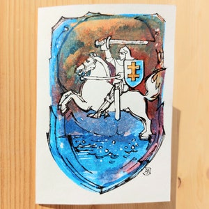 Pintura original Vytis, miniatura pintada à mão, emblema da Lituânia, pintura exclusiva em tinta acrílica tamanho A6, sem impressão, presente lituano