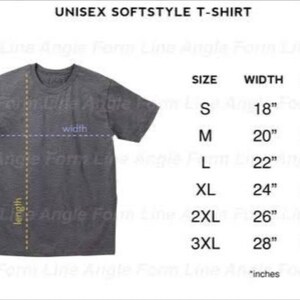 Puede incluir: Una tabla de tallas para una camiseta unisex que muestra las medidas de ancho y largo en pulgadas para las tallas S, M, L, XL, 2XL y 3XL.
