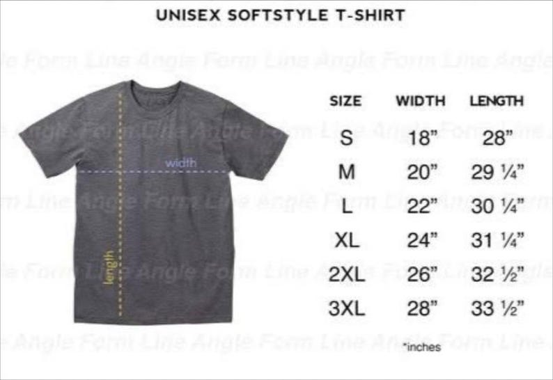 Puede incluir: Una tabla de tallas para una camiseta unisex que muestra las medidas de ancho y largo en pulgadas para las tallas S, M, L, XL, 2XL y 3XL.