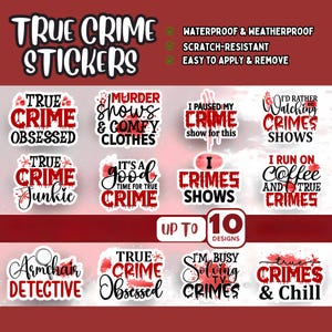 Waargebeurde misdaadstickers. Waterdichte vinylstickers. Grappige en sarcastische kant-en-klare ontwerpen voor laptops, waterflessen, tijdschriften en meer