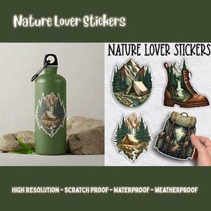 Pack d'autocollants nature - 4 autocollants extérieurs en vinyle de qualité supérieure de 3,5 pouces | Autocollants de randonnée, de camping, de sac à dos pour bouteilles d'eau, journaux et cadeaux