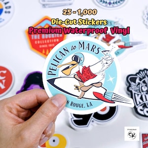 Pegatinas de vinilo personalizadas y duraderas. Resistentes al agua y troqueladas con contornos. Ideales para uso promocional y soluciones publicitarias para pequeñas empresas.