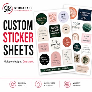 Peut inclure: Feuilles d'autocollants personnalisés avec divers motifs. Les feuilles présentent des autocollants avec des citations et des graphiques inspirants. Le texte comprend "Willow Boutique", "Focus on the Good", "Good Vibes", et "Adventure Awaits". Les autocollants sont imperméables et durables.