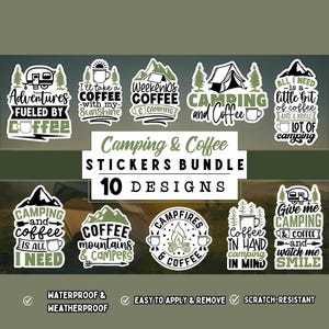 Pegatinas de vinilo para camping y café. Divertido paquete de pegatinas troqueladas para campistas y amantes del café. Resistente al agua y con acabado brillante.