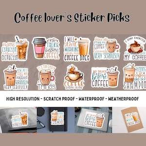 Pegatinas para amantes del café. Vinilos sarcásticos. Pegatinas impermeables para portátiles, botellas de agua y diarios. Pegatinas prediseñadas con temática de café.