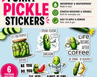 Funny Pickle Stickers. Waterproof Vinyl Decals. Laptop, Water Bottle Humor Pack