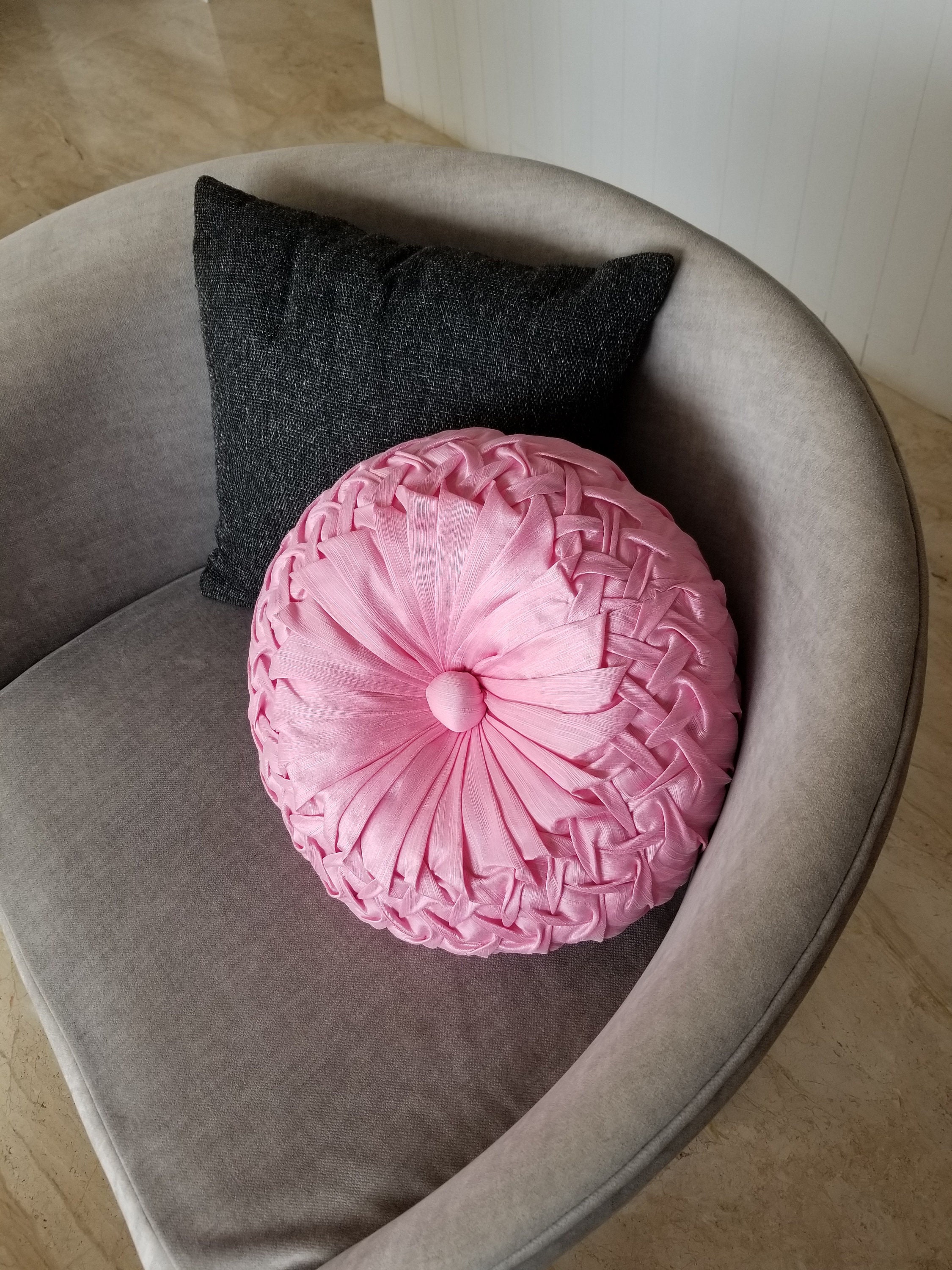 Baby Pink Round Pillow, Pintuck Throw Pillow, Housewarming Gift
