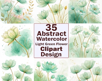 Op de afbeelding: Een verzameling van 35 abstracte aquarel clipart ontwerpen met lichtgroene bloemen. De afbeeldingen tonen verschillende bloemarrangementen met delicate bloemblaadjes en stelen, tegen zachte aquarel achtergronden. De tekst in de afbeelding luidt "35 Abstract Watercolor Light Green Flower Clipart Design."