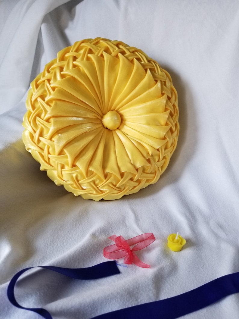 Light Yellow Round Pillow, Throw Pillow, Pleated Pillow, Art Deco