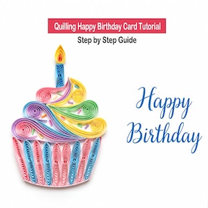 May include: A colorful quilled paper cupcake with a lit candle, featuring a rainbow of colors. The words "Happy Birthday" are written in blue script. Text at the top reads "Quilling Happy Birthday Card Tutorial Step by Step Guide."