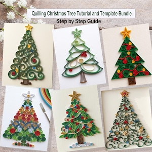 Puede incluir: Una colección digital de seis diseños de árboles de Navidad hechos con filigrana de papel sobre fondos blancos. El texto dice Quilling Christmas Tree Tutorial and Template Bundle Step by Step Guide. Cada árbol presenta espirales de papel en verde, rojo y oro.