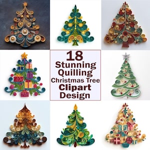 May include: A collection of nine quilling Christmas tree designs in various colors and styles. The trees are made of rolled paper strips and decorated with stars, ornaments, and gifts. The image includes the text "18 Stunning Quilling Christmas Tree Clipart Design."
